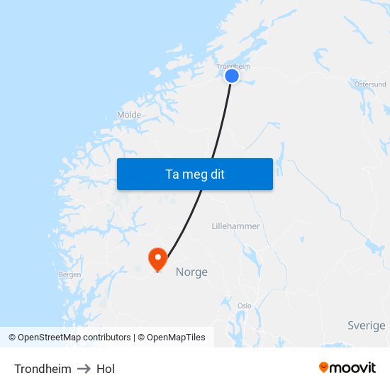 Trondheim to Hol map