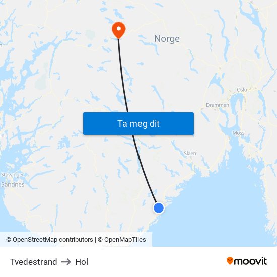 Tvedestrand to Hol map