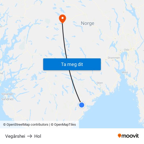 Vegårshei to Hol map