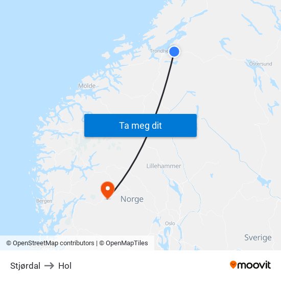 Stjørdal to Hol map