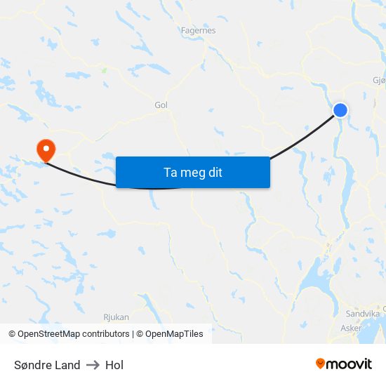 Søndre Land to Hol map