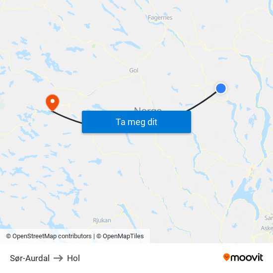 Sør-Aurdal to Hol map