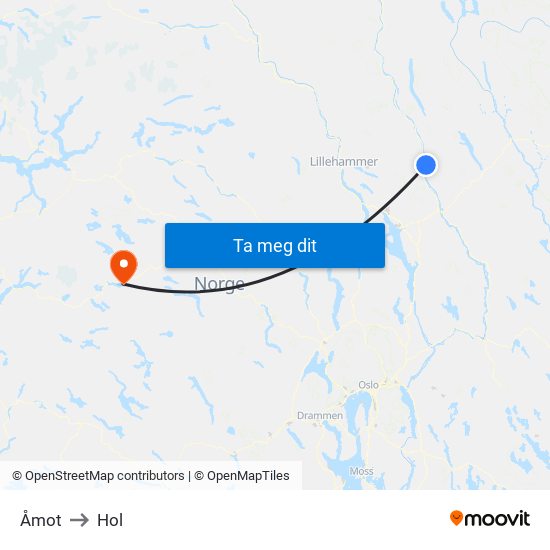 Åmot to Hol map