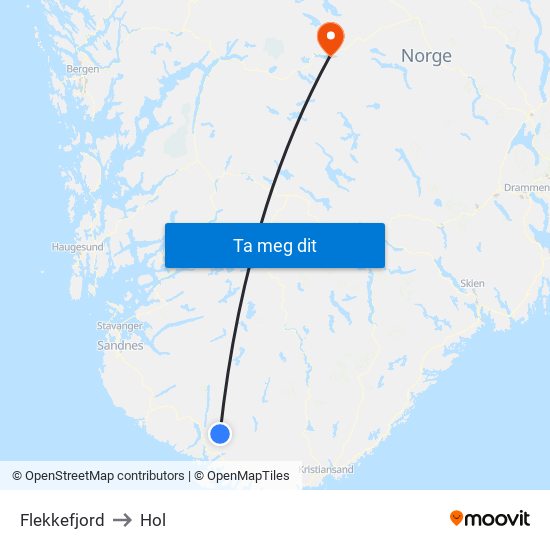 Flekkefjord to Hol map