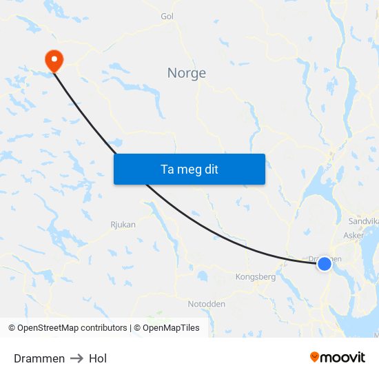 Drammen to Hol map