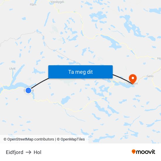 Eidfjord to Hol map