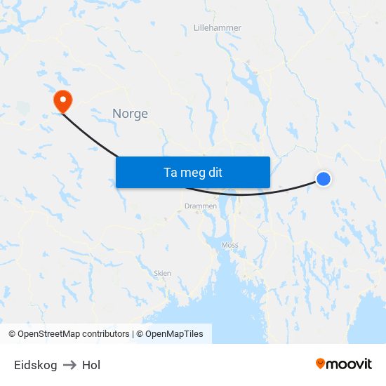 Eidskog to Hol map