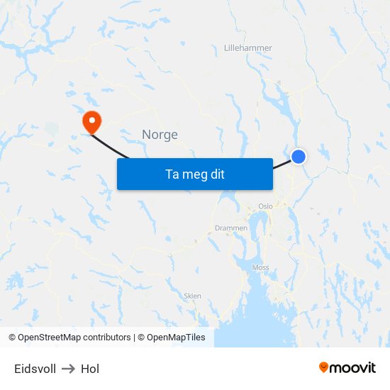 Eidsvoll to Hol map
