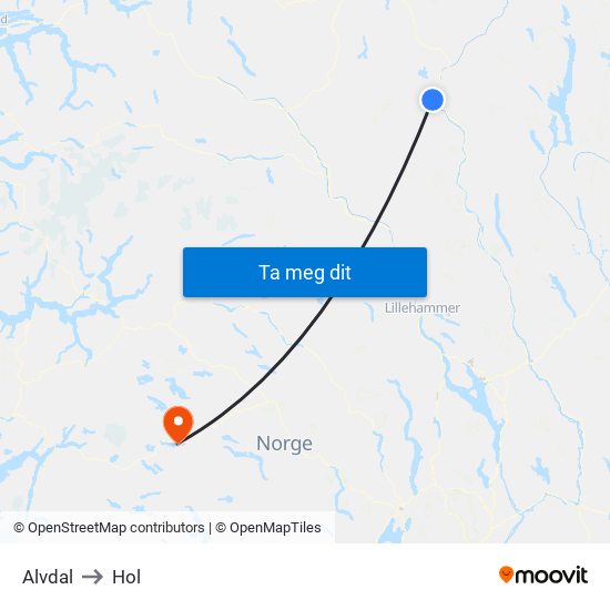 Alvdal to Hol map