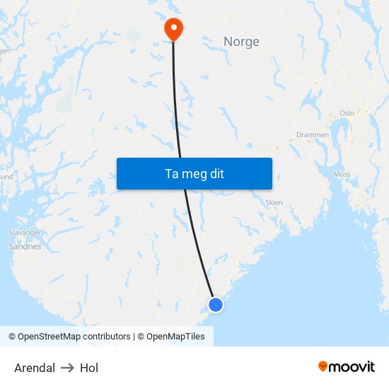 Arendal to Hol map