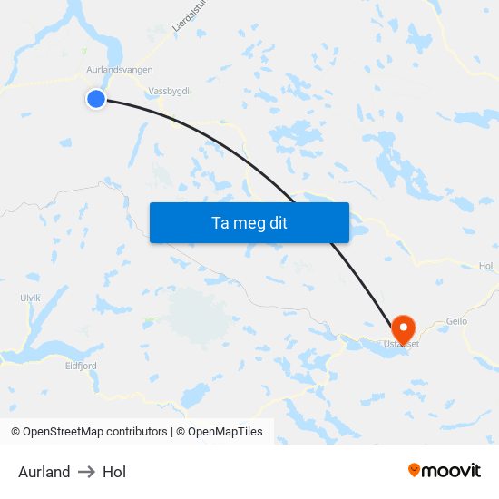 Aurland to Hol map