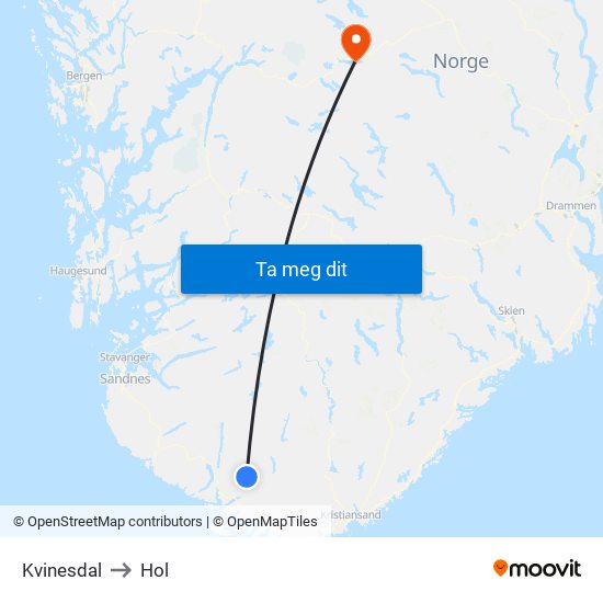 Kvinesdal to Hol map