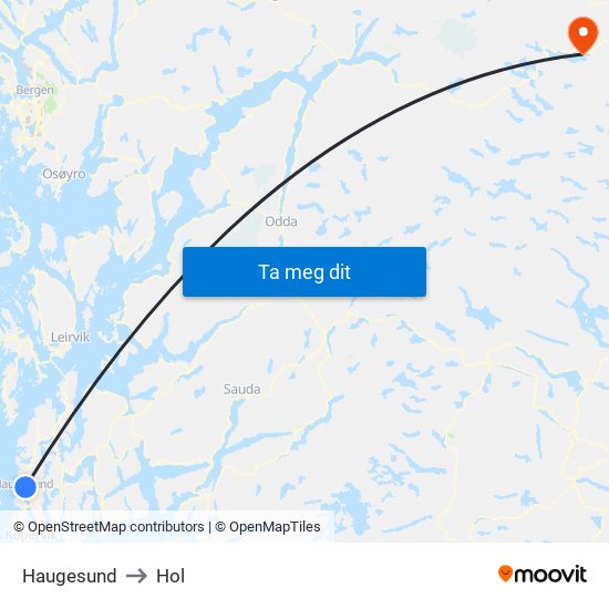 Haugesund to Hol map