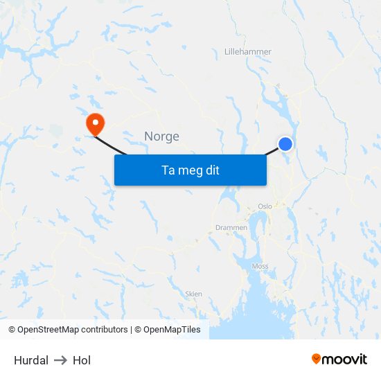 Hurdal to Hol map