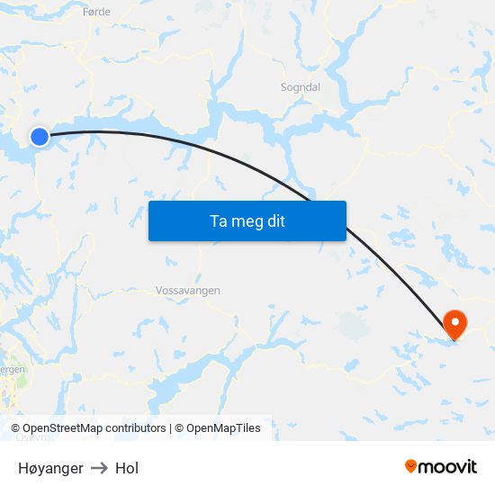 Høyanger to Hol map