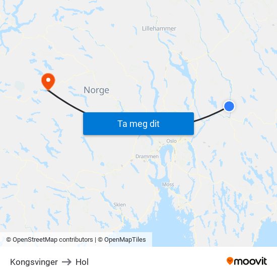 Kongsvinger to Hol map