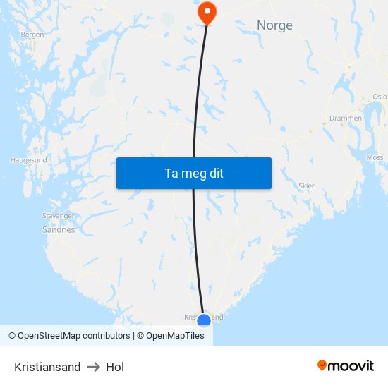 Kristiansand to Hol map