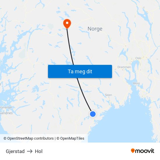 Gjerstad to Hol map