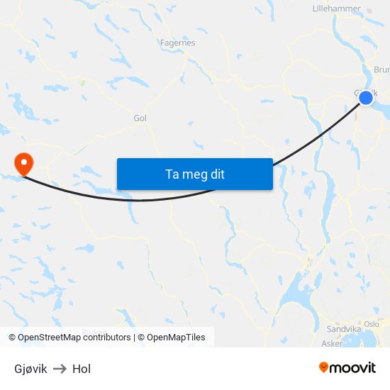 Gjøvik to Hol map