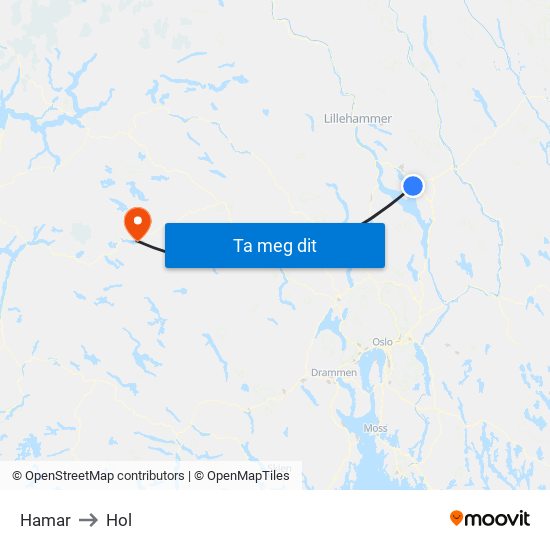 Hamar to Hol map
