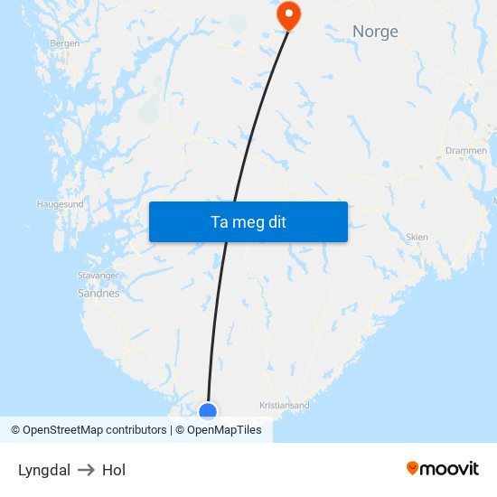 Lyngdal to Hol map