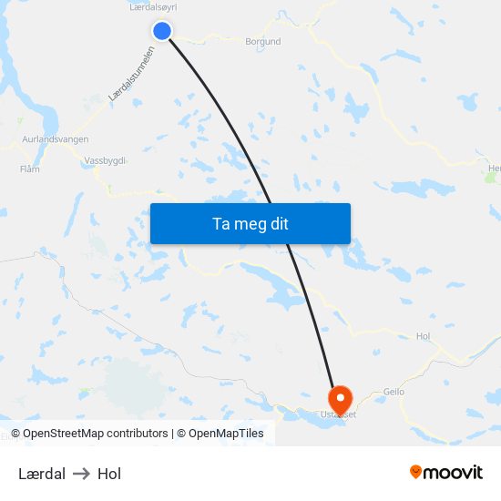 Lærdal to Hol map