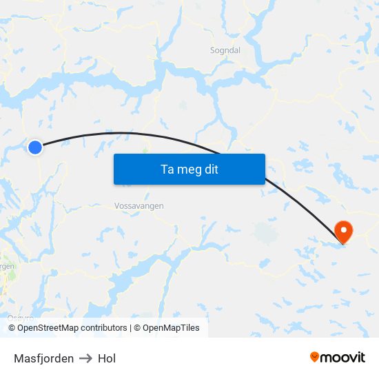 Masfjorden to Hol map