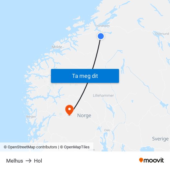 Melhus to Hol map