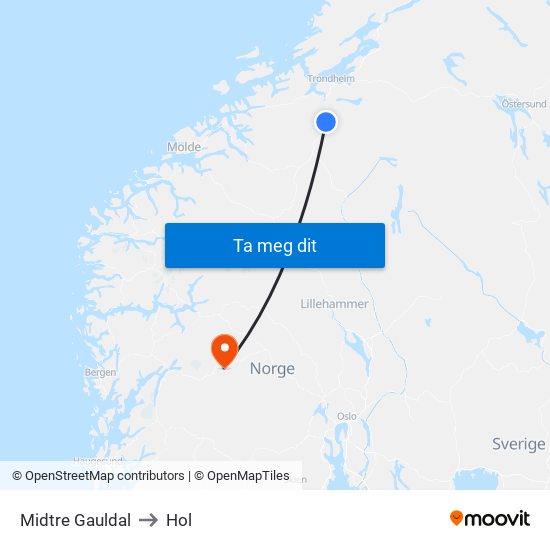 Midtre Gauldal to Hol map