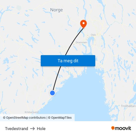 Tvedestrand to Hole map