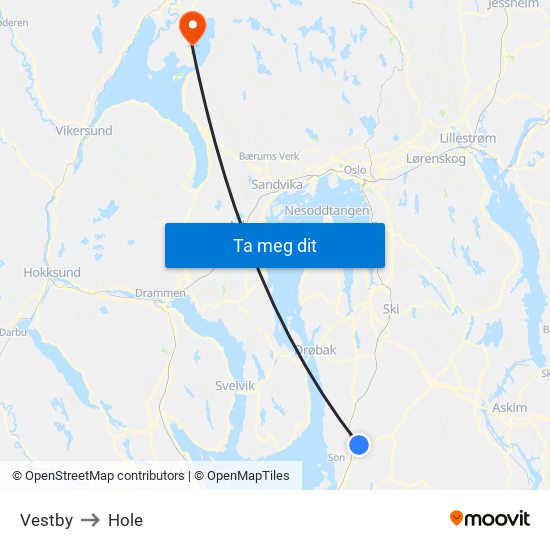 Vestby to Hole map