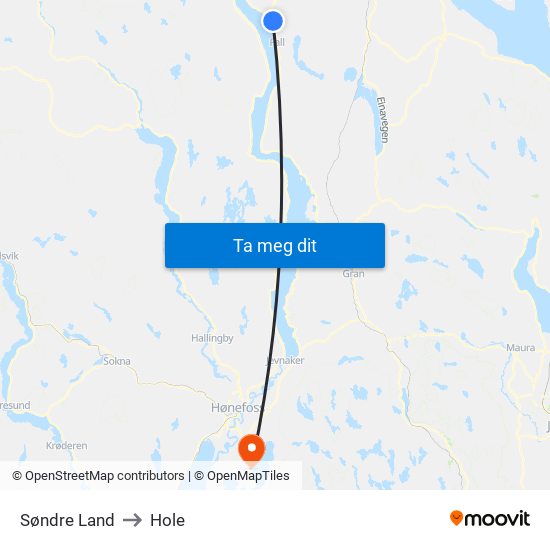 Søndre Land to Hole map