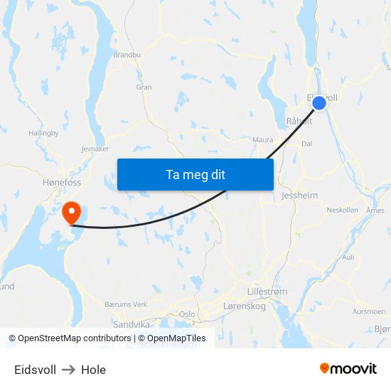 Eidsvoll to Hole map