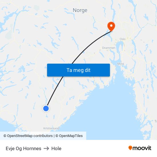 Evje Og Hornnes to Hole map