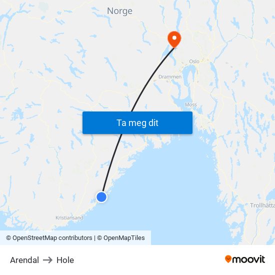 Arendal to Hole map