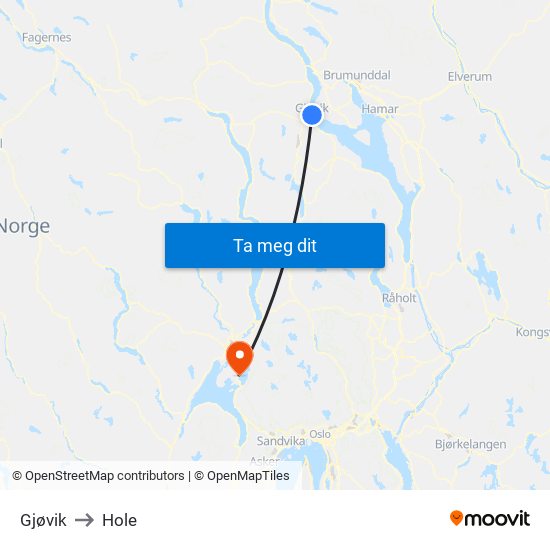Gjøvik to Hole map