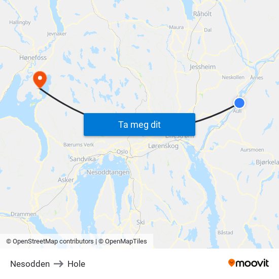 Nesodden to Hole map