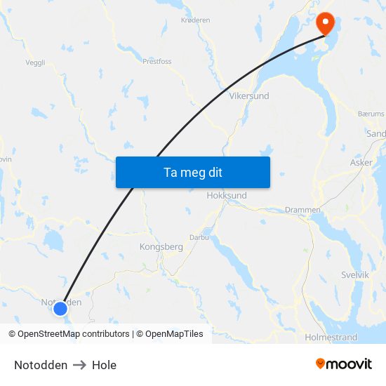 Notodden to Hole map