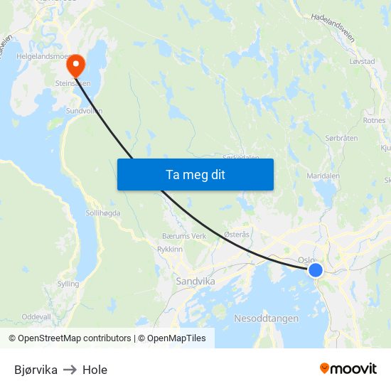 Bjørvika to Hole map
