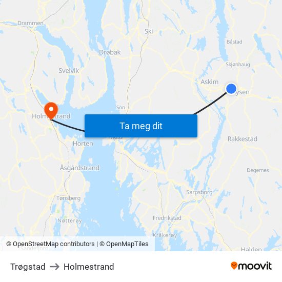 Trøgstad to Holmestrand map