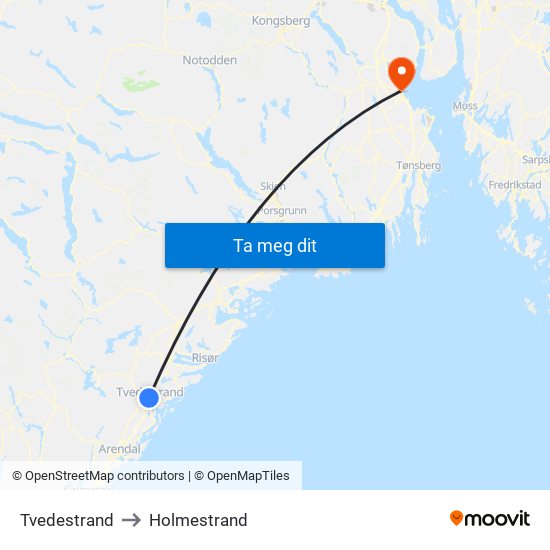 Tvedestrand to Holmestrand map