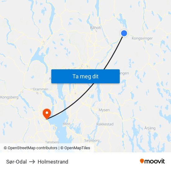 Sør-Odal to Holmestrand map