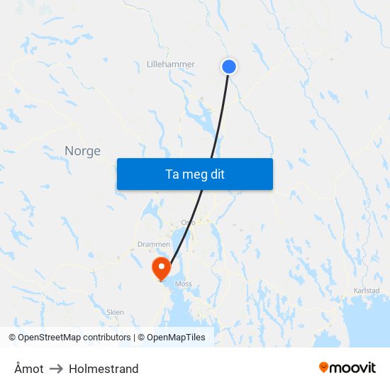 Åmot to Holmestrand map