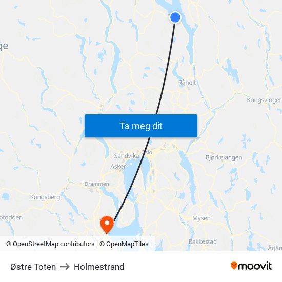 Østre Toten to Holmestrand map