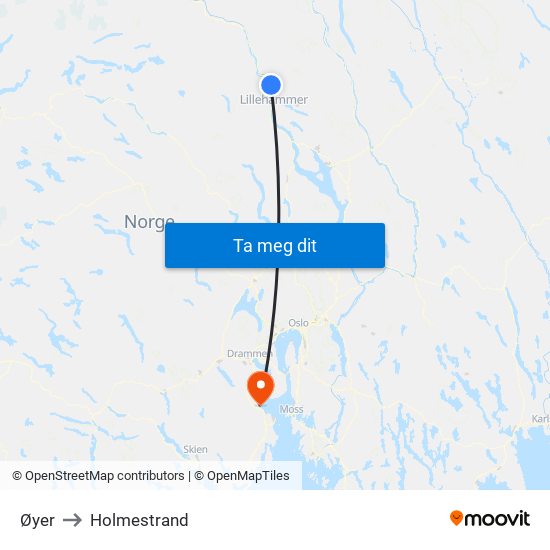 Øyer to Holmestrand map
