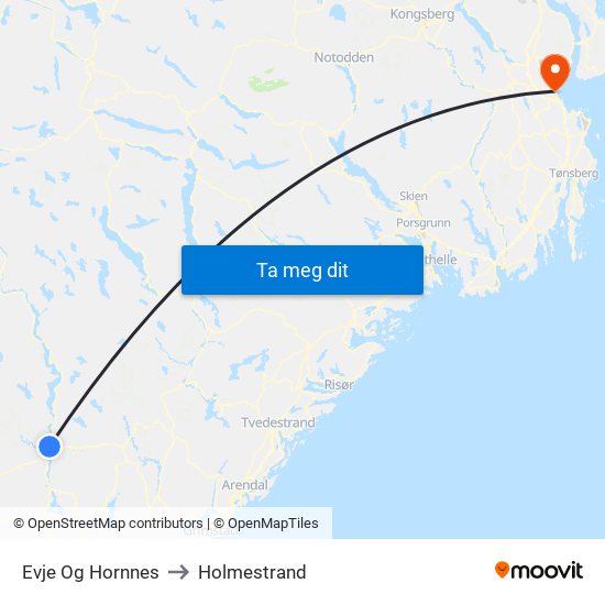 Evje Og Hornnes to Holmestrand map