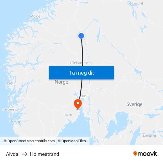 Alvdal to Holmestrand map