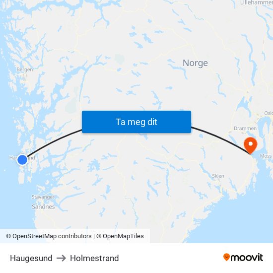 Haugesund to Holmestrand map