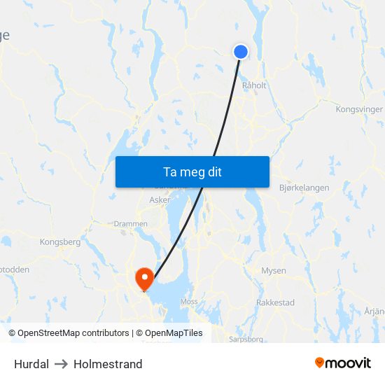 Hurdal to Holmestrand map