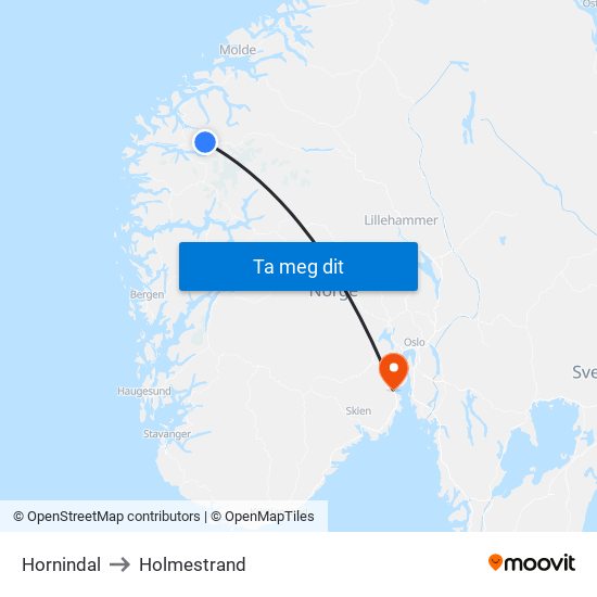 Hornindal to Holmestrand map